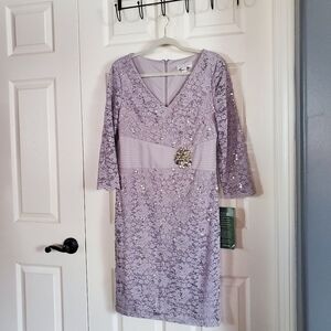 Lavender Lace Midi Dress With Brooch Evening Party Shift Sheath 3/4 Sleeve Sz 10